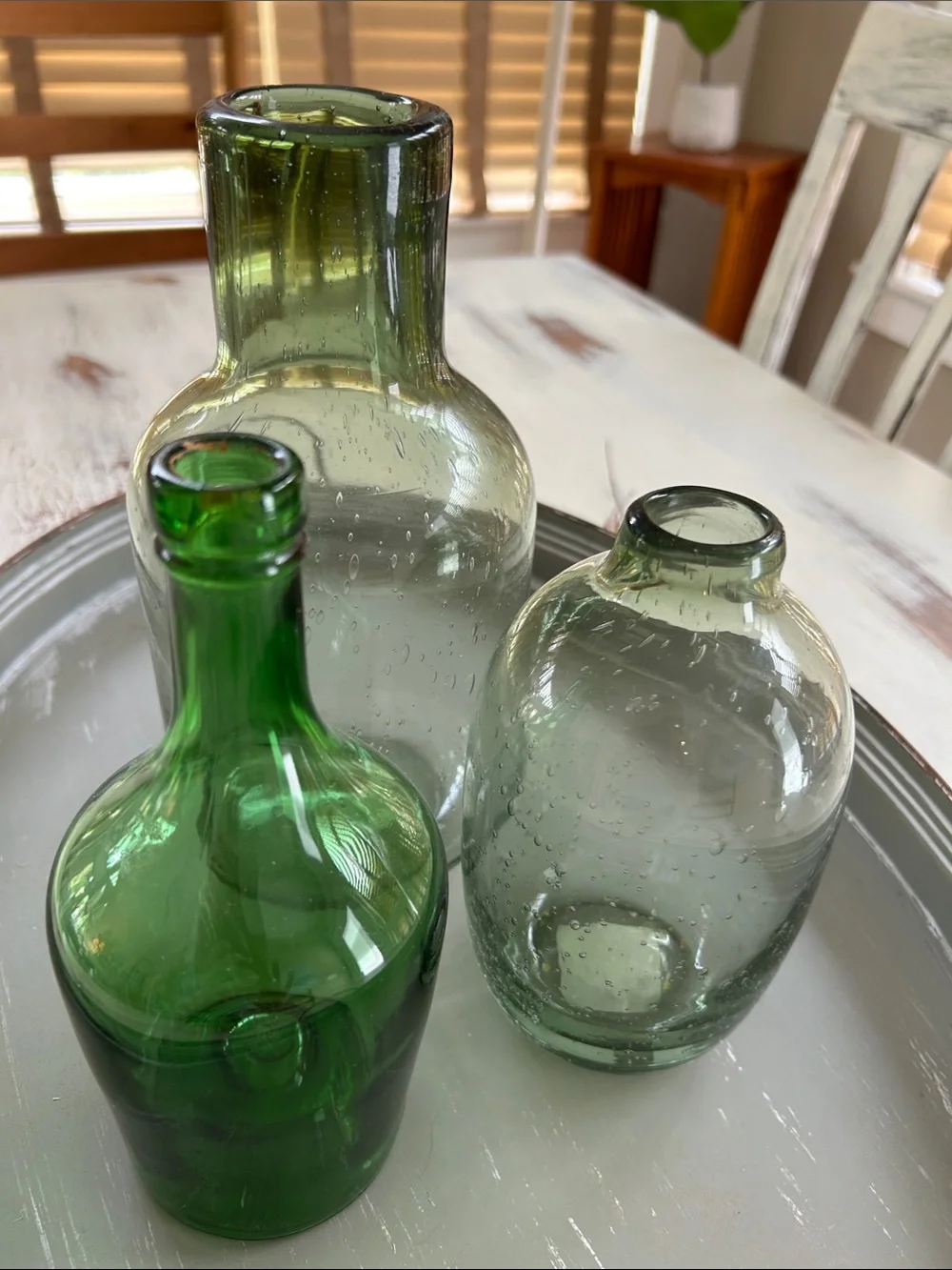 Green tabletop decor Glass vase accents shades of green Rustic modern farmhouse